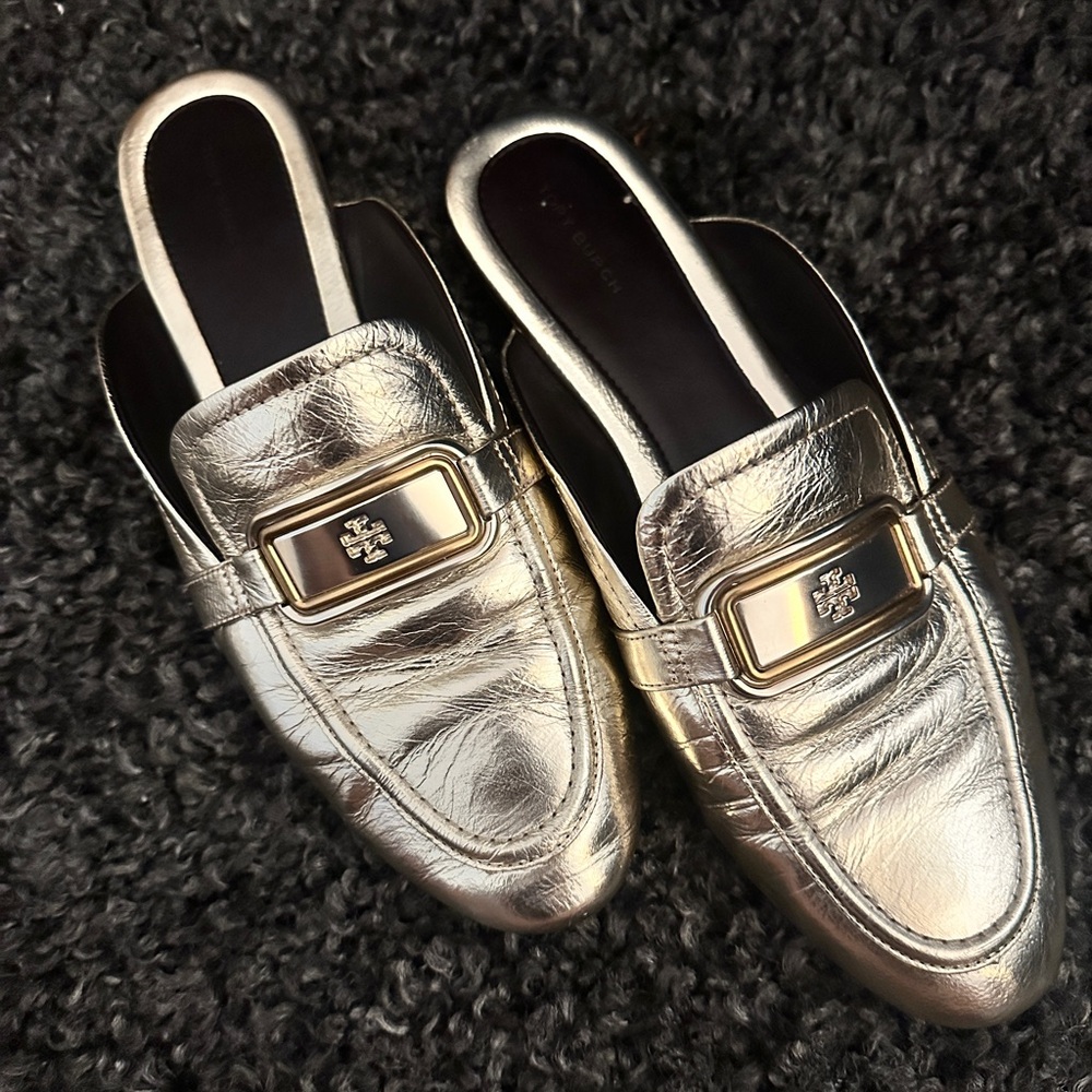 Tory Burch Metallic Silver Slip-On Logo Mule Loafers